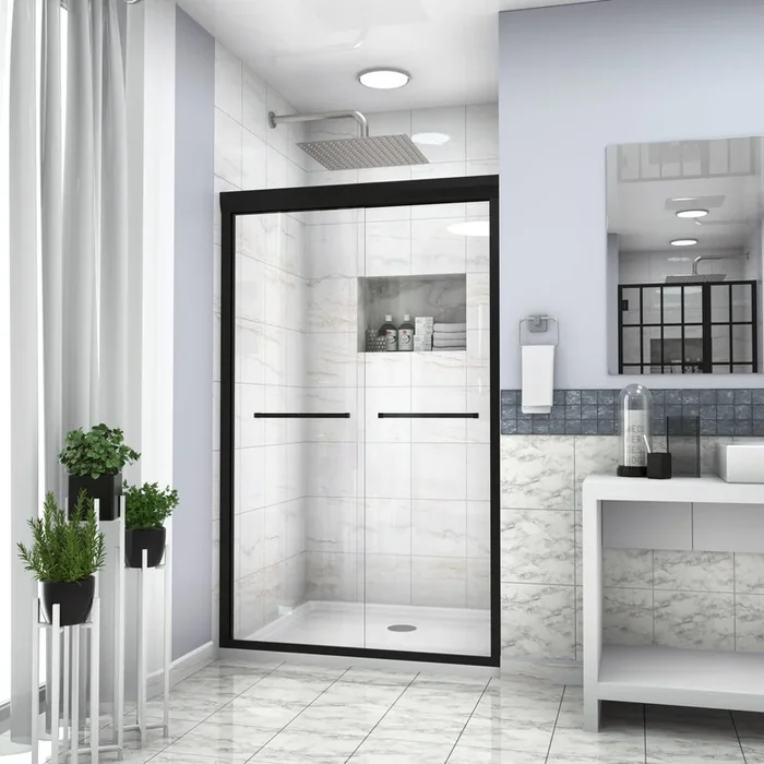 Shower Door 48″ W X 76″H Double Sliding Shower Enclosure, Matte Black Matte Black Glass