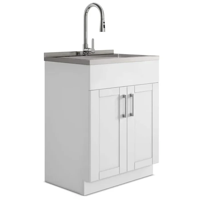 Simpli Home Modern Wide Shaker Transitional 28 in. Wall Mount Laundry Sink with Cabinet Faucet and Stainless Steel Sink in White