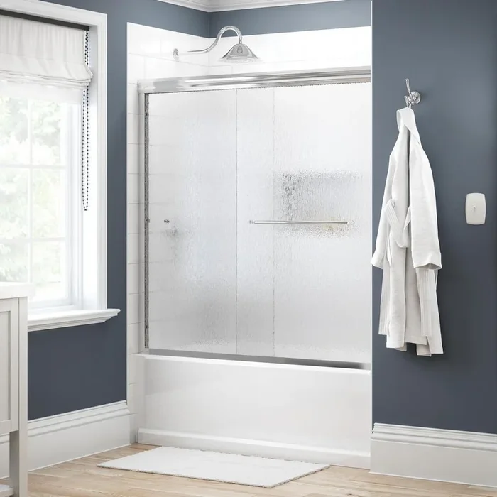 Simplicity 60 in. x 58-1/8 in. Semi-Frameless Traditional Sliding Bathtub Door in Chrome with Rain Glass