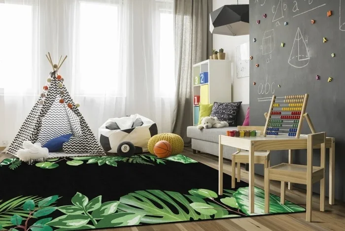 Simply Boho Greenery On Black 7’6″ X 12′ Rectangle Carpet