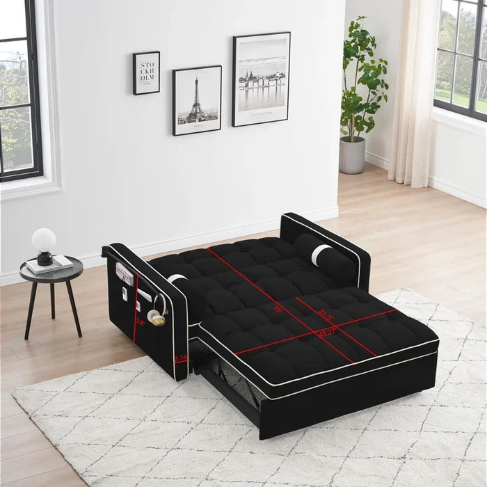 Sleeper Sofa Couch w/Pull Out Bed, 55″ Modern Velvet Convertible Sleeper Sofa Bed, Small Love seat Sofa Bed w/Pillows & Side Pockets for Small Space, Living Room, Apartment,Black