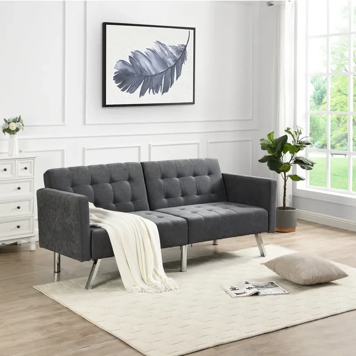 Sofa Bed Convertible Folding Dark Grey Lounge Couch Loveseat Sleeper Sofa Armrests Living Room Bedroom Apartment Reading Room Dark Gray Linen 2 Seat