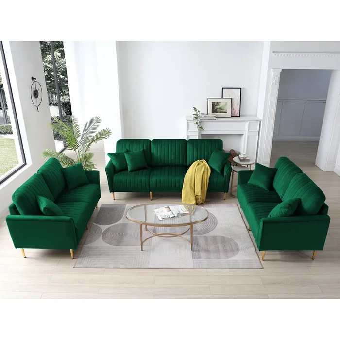 Sofa Sets For Living Room 3 Piece Mid Century Modern Sectional Couch Set, 2 Upholstered Loveseat Sofas And One 3 Seat Sofa 3, Green Velvet Green Foam Velvet 7 Seat