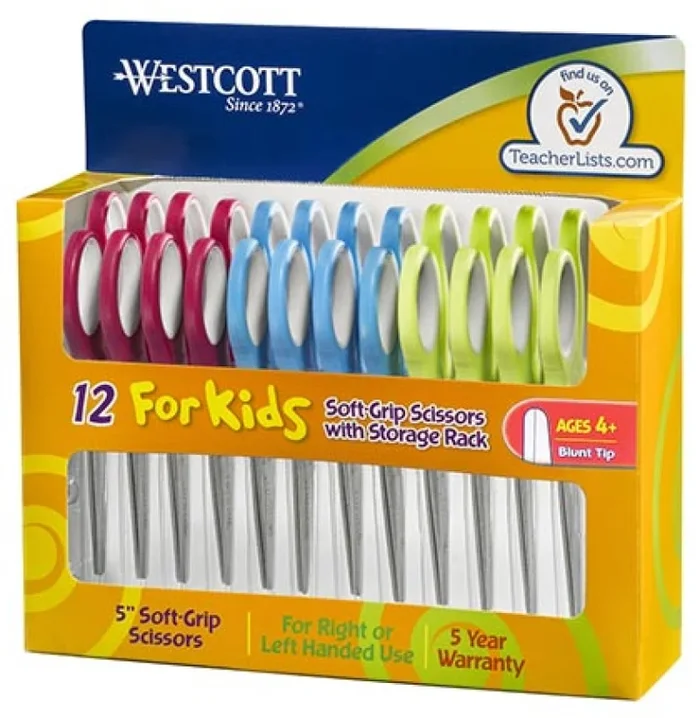 Soft Handle 5″ Kids Scissors Classpack With Storage Rack, Blunt, Pack Of 12