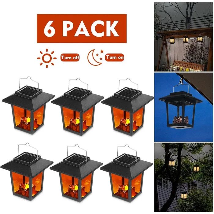 Solar Lantern Hanging, LED Solar Powered Lantern Light Waterproof Flameless Candle Flickering Warm White Outdoor Decorative for Garden Patio Yard Lawn Balcony (6 Pack)