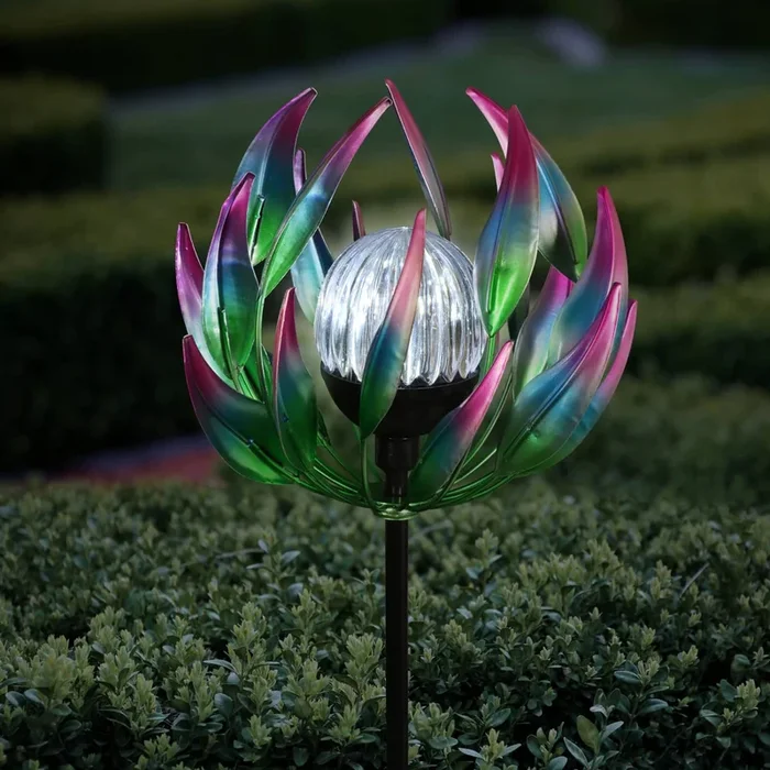 Solar Metal Blue Spinning Flower Stake with LED Ball, 19 by 42 Inches