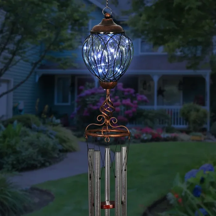 Solar Metal Wire and Glass Wind Chime in Green with Linking Oval Pattern and Nine LED Fairy Firefly String Lights, 6 by 32 Inches