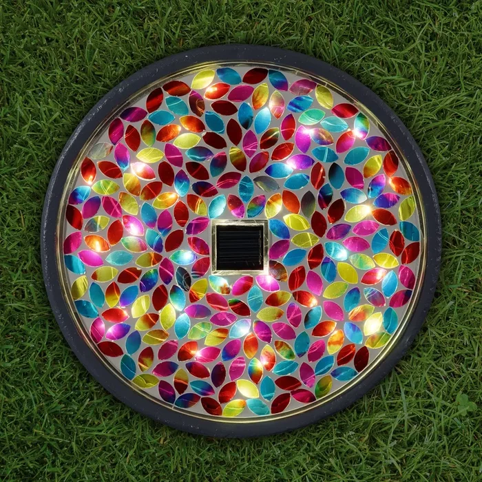 Solar Mosaic Glass Leaf Design in Cement Stone, 10.5 Inches