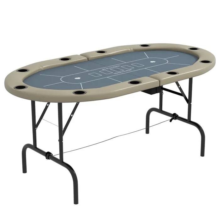 Soozier Poker Table Foldable, 70″ Oval Blackjack Casino Texas Holdem Poker Game Table For 10 Players With Cup Holders, Blue And Brown Blue Mdf Steel