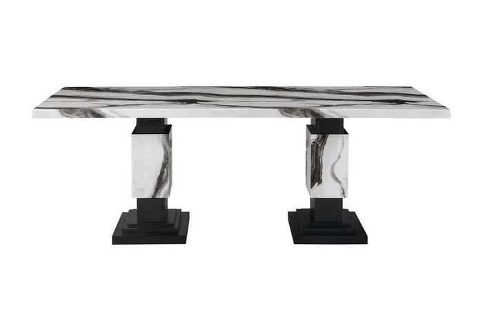 Stacey Zebra White Black Dining Table Multicolor Seats 6 Dining Room Modern Rubberwood Rectangular Wood Rubber Wood Pedestal