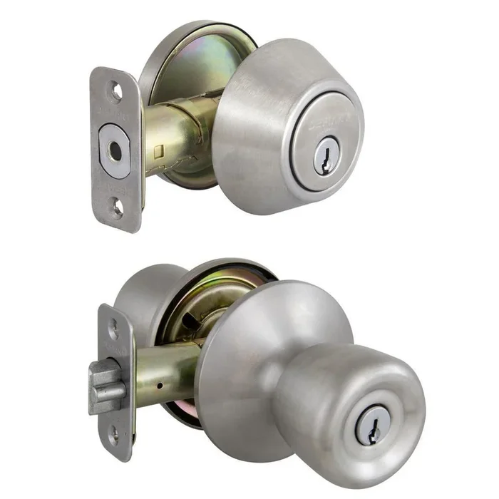 Stainless Steel Waterbury Keyed Entry Door Knob with Single Cylinder Deadbolt Master Pinned Combo Pack