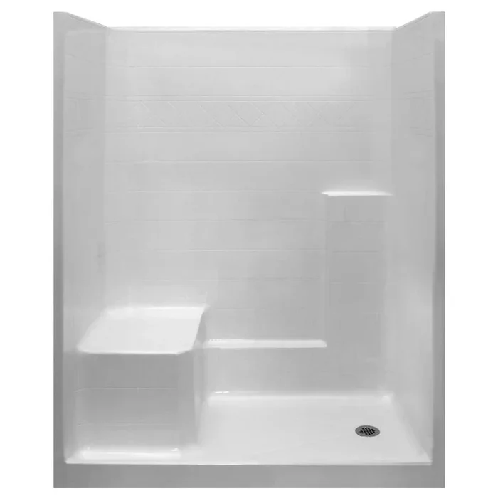Standard 60 in. x 33 in. x 77 in. 1-Piece Low Threshold Shower Stall in Biscuit with LHS Molded Seat and Right Drain