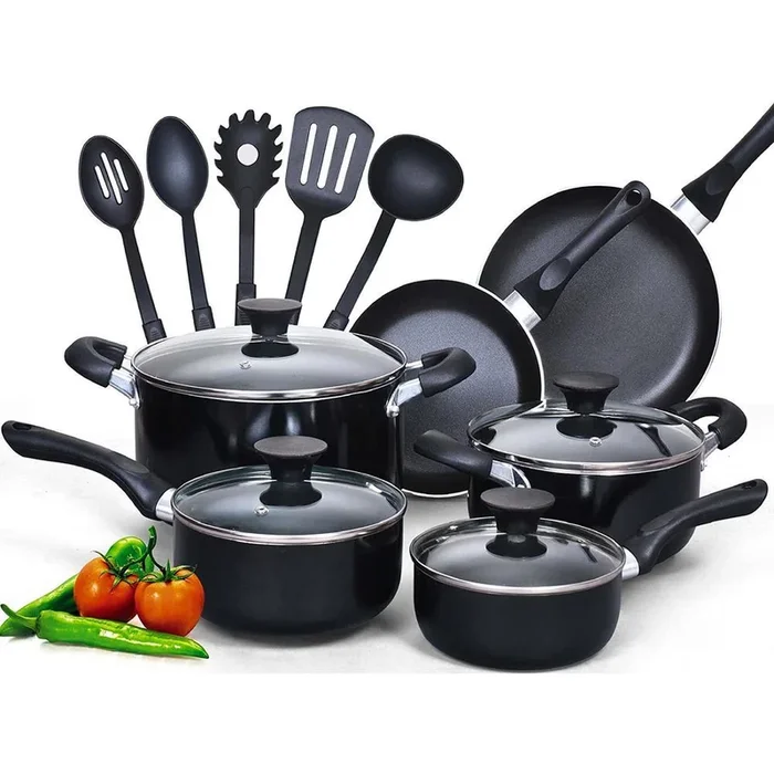 Stay Cool Handle 15-Piece Aluminum Nonstick Cookware Set in Black
