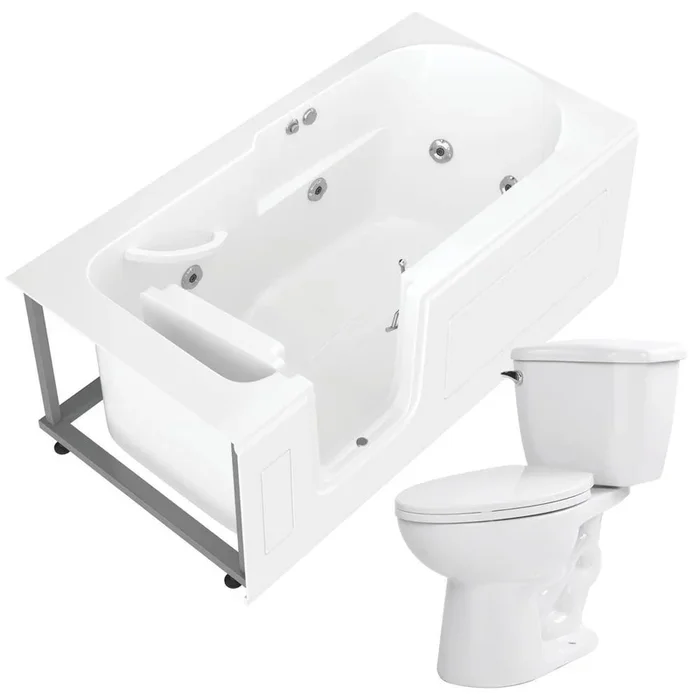 Step In 59.6 in. Walk-In Whirlpool Bathtub in White with 1.28 GPF Single Flush Toilet