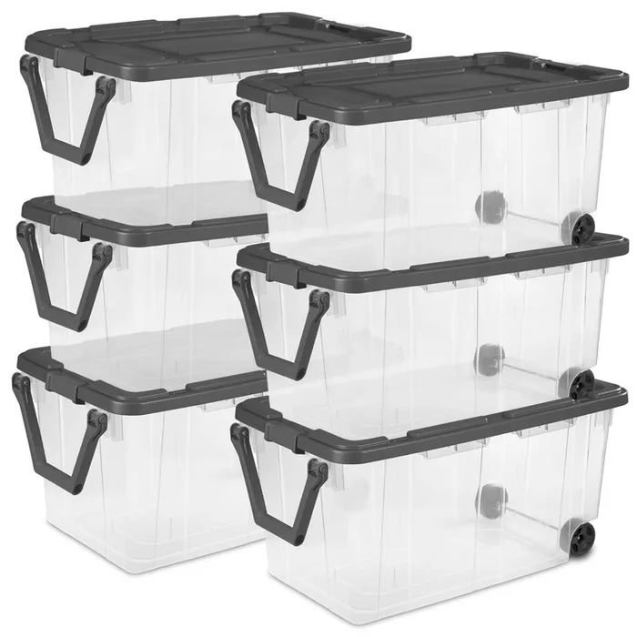Sterilite 160 Qt Latching Stackable Wheeled Storage Box Container w/ Lid, 6 Pack