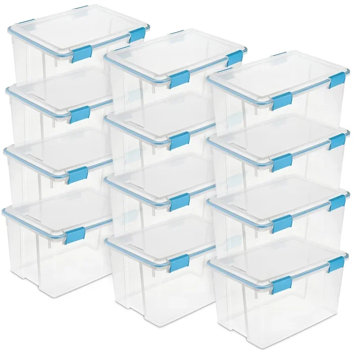 Sterilite 54-Qt Clear Plastic Stackable Storage Bin w/ Gasket Latch Lid, 12 Pack