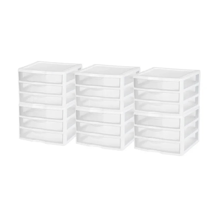 Sterilite Clear Plastic Stackable Small 3 Drawer Storage System, White, (6 Pack)