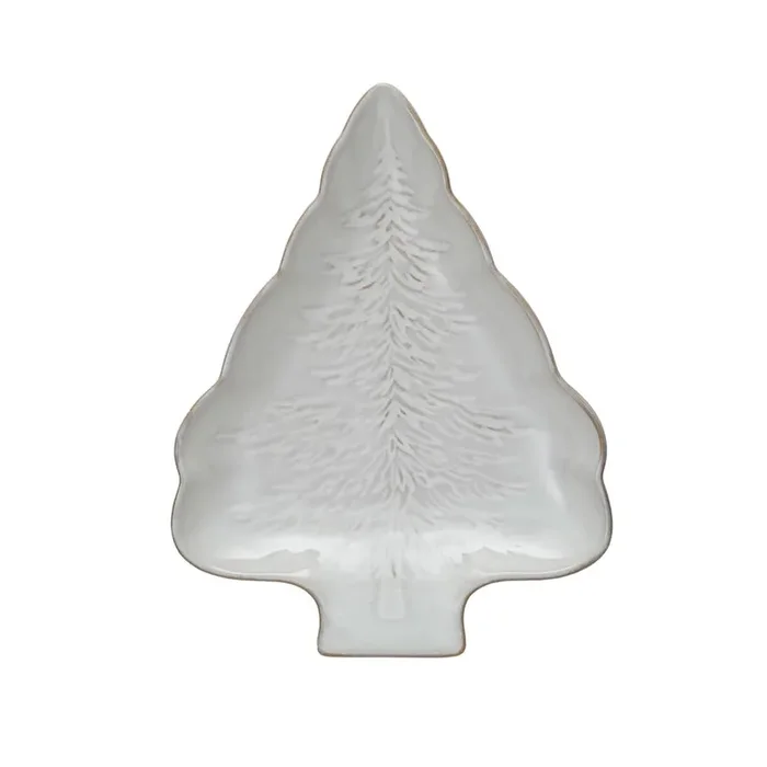 Stoneware Tree Shaped Plate with Tree Design