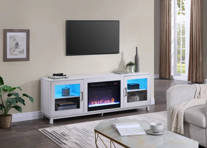 Summit 70″ White Walnut Finish Tv Stand Console With Fireplace White Walnut Mdf