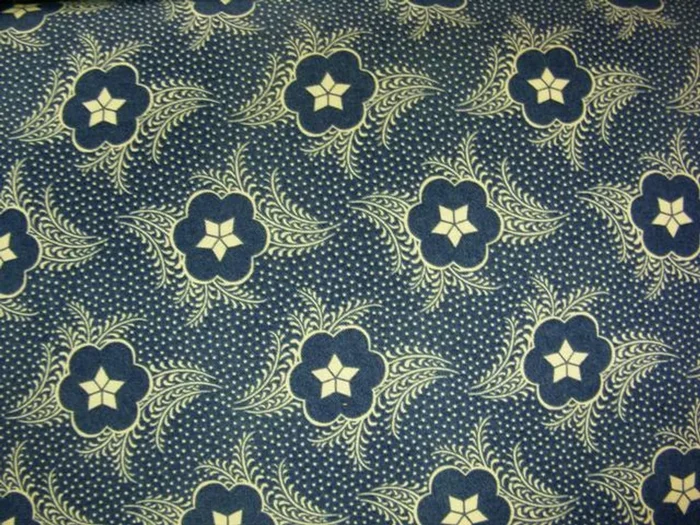 TAN STARS WITH SCALLOPS, FERN-LIKE LEAVES AND DOTS ON BLUE FABRIC – GERA-00572 – Gettysburg Era – Washington Street Studios