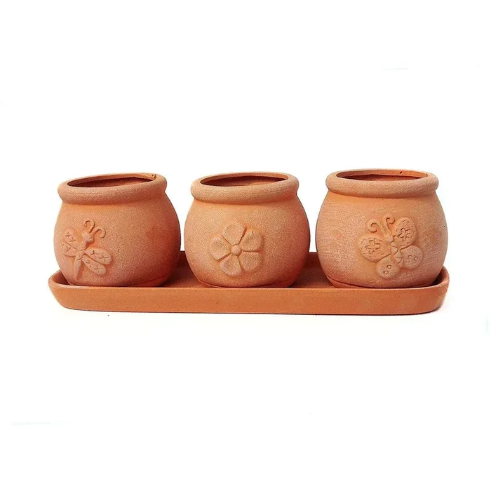 Terracotta Set of 3 Small Embossed Earthenware Planters or Herb Pots and Tray, Round shape