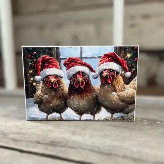 Three Wise Hens Christmas Chicks Wooden Block Print