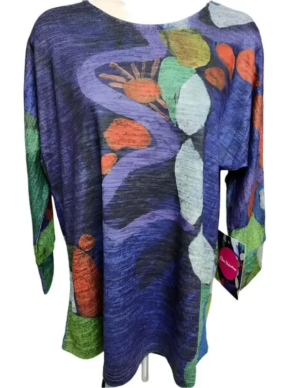 Top Knit Pullover 3/4 Sleeve Purple/Green Abstract Women’s 91703