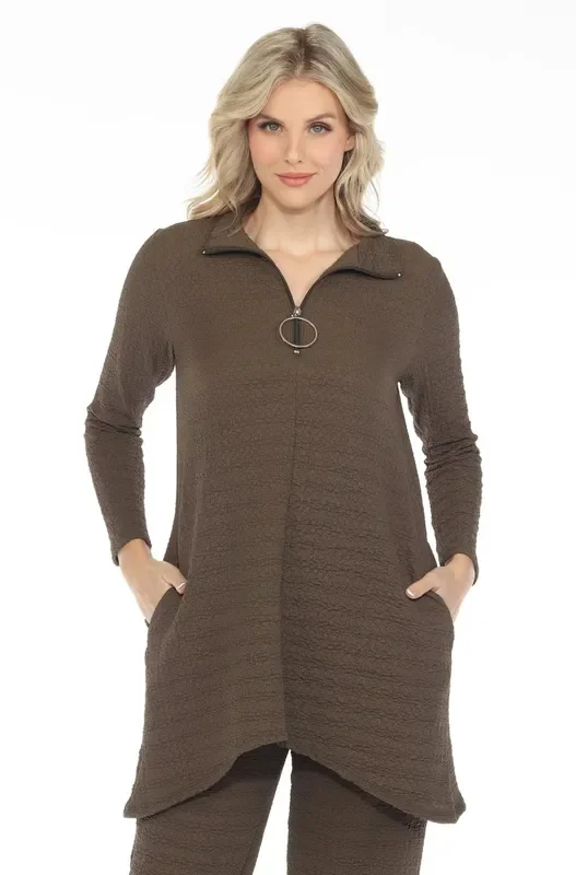 Top Pullover Olive Zipper Neck Waffle Long Sleeve Crew Neck Women’s T1527WKO