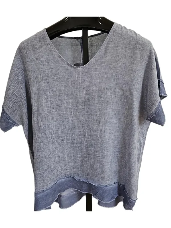 Top Pullover Ruffle Denim Blue1/4 Sleeve Women’s One Size 1328