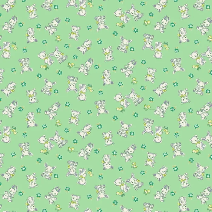 TOSSED WHITE RABBITS, KITTENS, TEDDY BEARS. ETC. ON GREEN FABRIC – 9292-66 – Nana Mae IV – Henry Glass & Co.