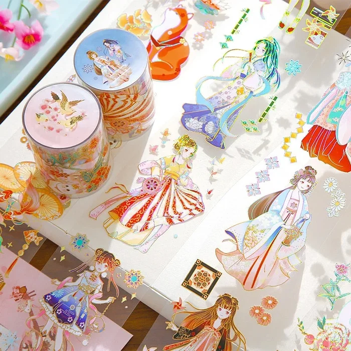 Traditional Ancient Chinese Style Cartoon Girl Collage Decorative Tape