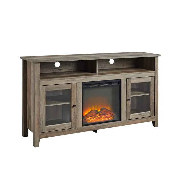 Transitional Electric Fireplace Wood And Glass Tv Stand For Tvs Up To 65″ Grey Wash Gray Wash Mdf