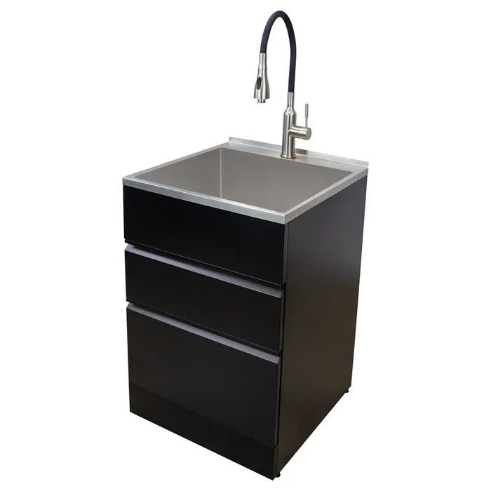 Transolid Matte Black Freestanding Laundry Sink with Cabinet and Faucet – 21.8×22.4 in