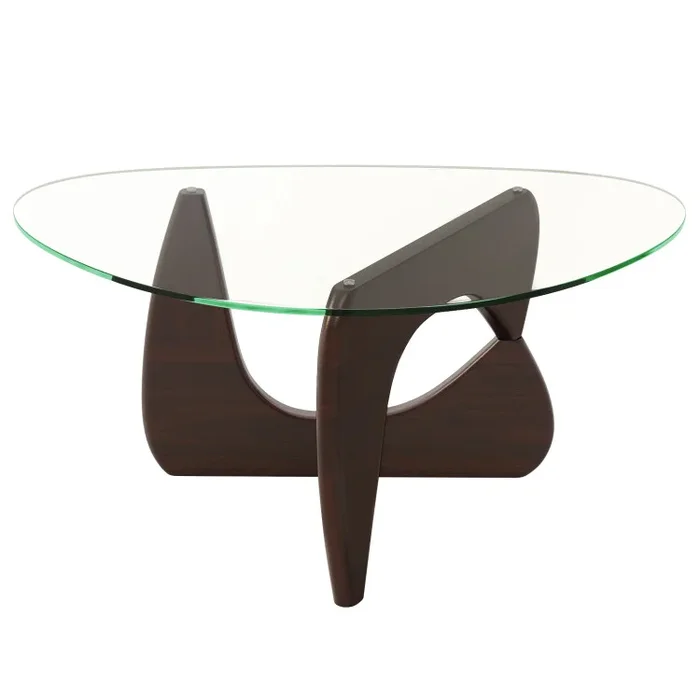 Triangle Coffee Table with Tempered Glass Top and Adjustable Rubber Wood Base