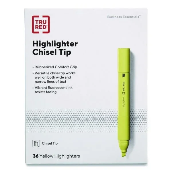 Tru Red Pen Style Chisel Tip Highlighter, Yellow Ink, Chisel Tip, Yellow Barrel, 36/Pack