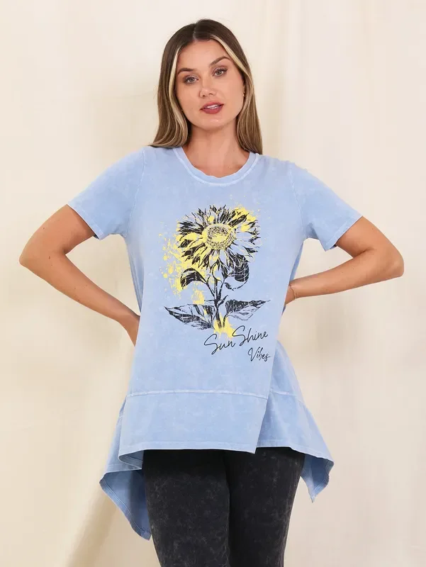 Tunic-Blue- Sun Flower-Short Sleeve-Women’s-T1273cs