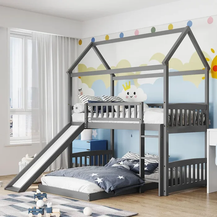Twin Over Twin Bunk Bed with Slide, House Bed with Slide, Gray