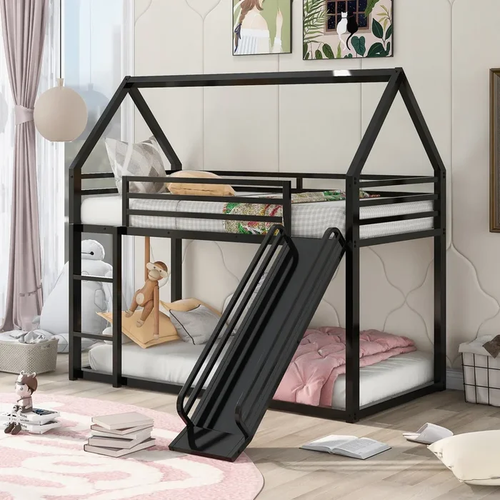 Twin over Twin House Bunk Bed with Ladder and Slide, Black