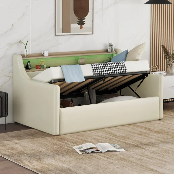 Twin Size Daybed With Hydraulic Storage, Upholstered Daybed With Lift Up Storage, Twin Leather Daybed With Charging Station And Led Lights,Beige Twin Beige Pu Leather