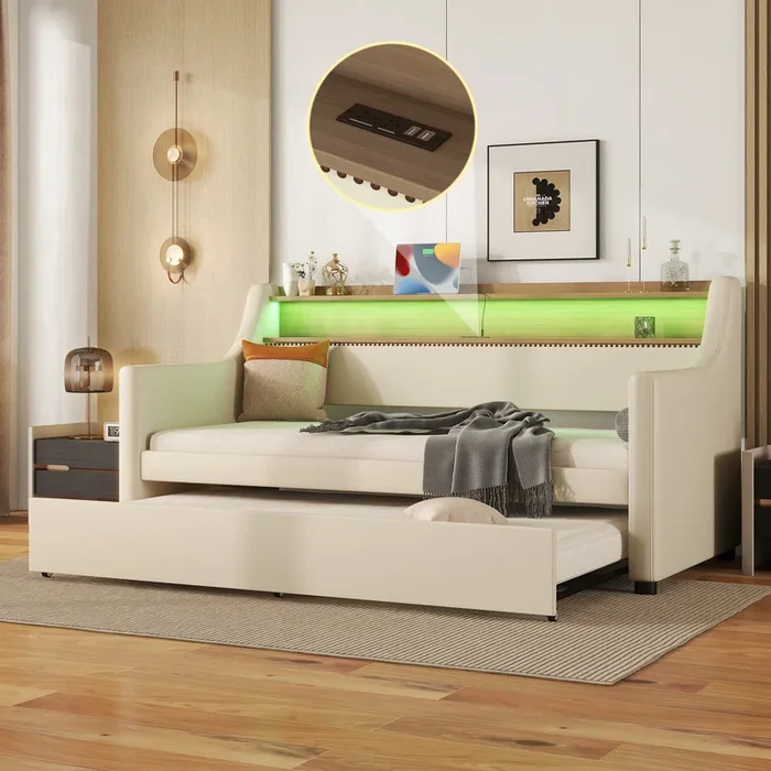 Twin Size Daybed With Trundle, Upholstered Daybed With Charging Station And Led Lights, Beige Twin Beige Pu Leather