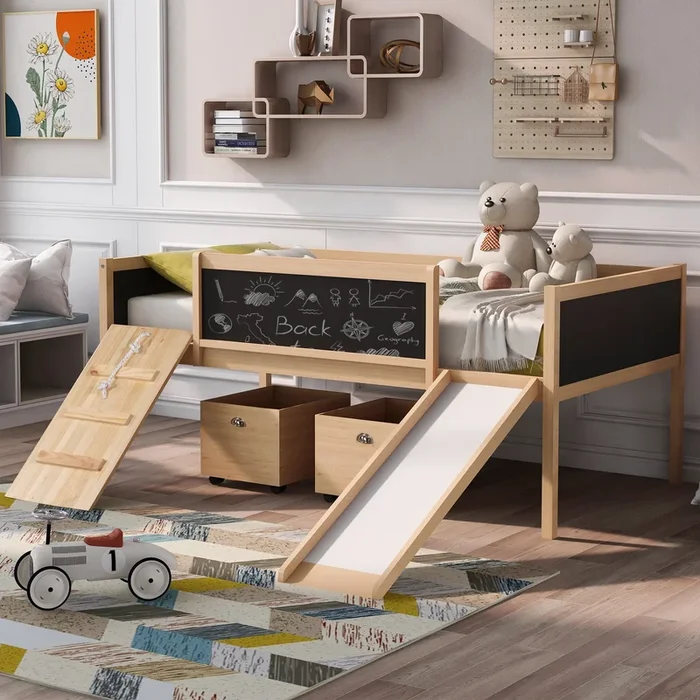 Twin size Loft Bed Wood Bed with Two Storage Boxes – Natrual ()