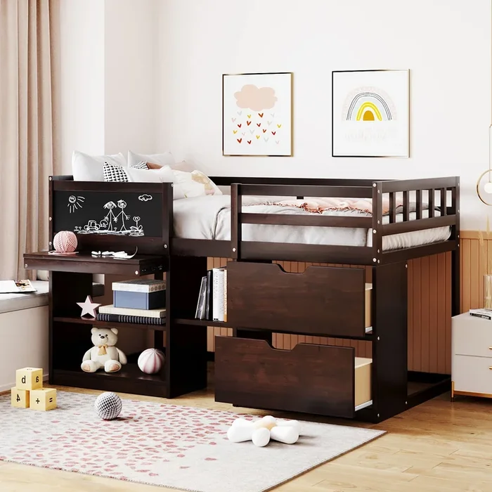 Twin Size Low Loft Bed with Rolling Desk, Shelf and Drawers – Espresso