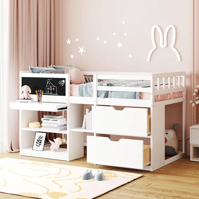 Twin Size Low Loft Bed with Rolling Desk, Shelf and Drawers – White