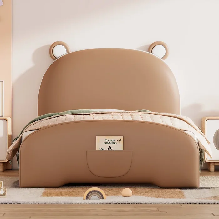 Twin Size Upholstered Platform Bed with Bear-shaped Headboard and Footboard,Brown+White