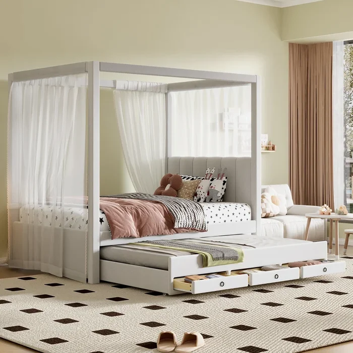 Twin Size Upholstery Canopy Platform Bed With Trundle And Three Storage Drawers, Beige Twin Beige Upholstered