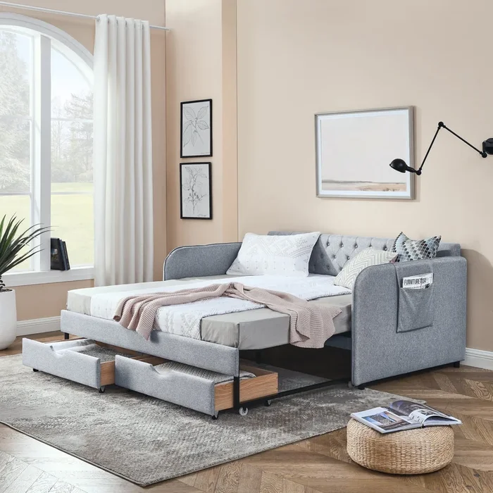 Twin Size Upholstery Daybed with Trundle Bed and Two Storage Drawers , Flat Arms with Pocket, Extendable Daybed for Bedroom Living Room,Linen Grey