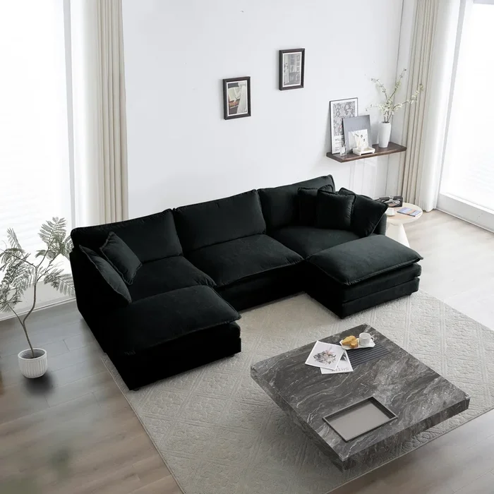 U Shaped Sectional Sofa W Reversible Footrest, 5 Seater Convertible Corner Couch With 2 Ottomans ,Modern Minimalist Soft Sofa & Couch For Living Roomblack Chenille Black Chenille 3 Seat