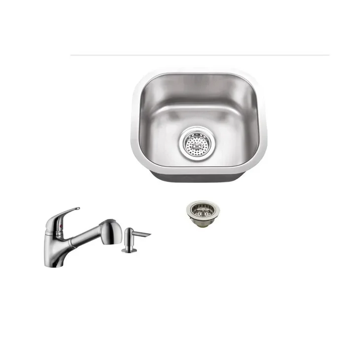 Undermount 15 in. 18-Gauge Stainless Steel Bar Sink in Brushed Stainless with Low Profile Pull Out Kitchen Faucet