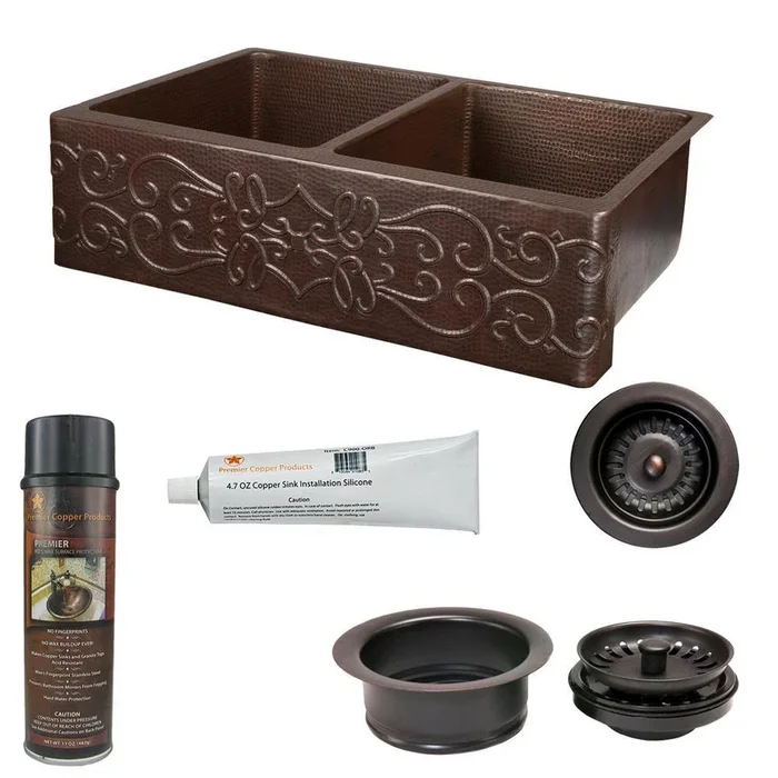 Undermount Copper 33 in. 0-Hole 50/50 Double Bowl Kitchen Sink with Scroll Design and Drain in Oil Rubbed Bronze