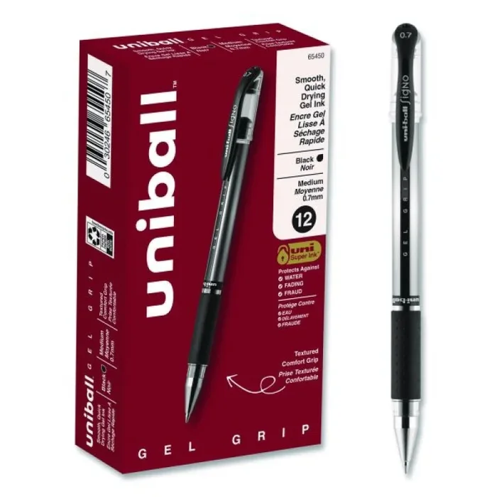 Uniball Signo Grip Gel Pen, Stick, Medium 0.7 Mm, Black Ink, Clear/Black/Silver Barrel, Dozen